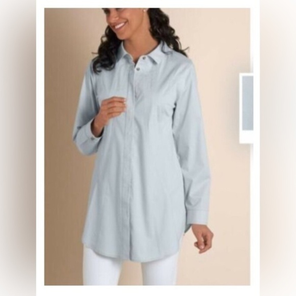 Soft Surroundings Seams Perfect Button Down Tunic Shirt Top Blue M